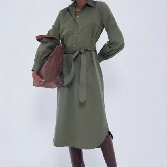 TUCKERNUCK Olive Lantern Sleeve Tory Midi Shirt Dress Olive Green Sz Large  $188